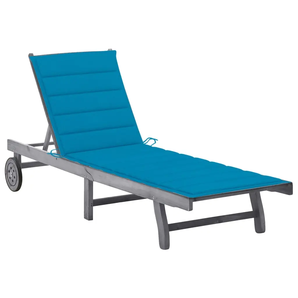 Lit de Jardin Acacia Gris avec Tablette Coulissante et Coussin Bleu – ComfortXL Outdoor Living