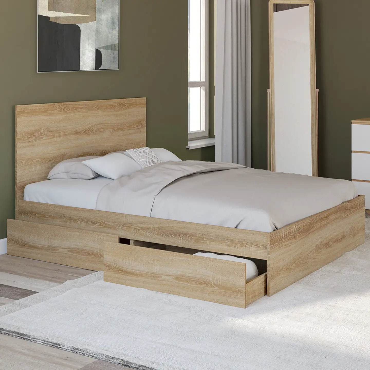 Lit double OMAHA 4 tiroirs sur roulettes avec tête de lit et sommier 140 x 190 cm façon hêtre