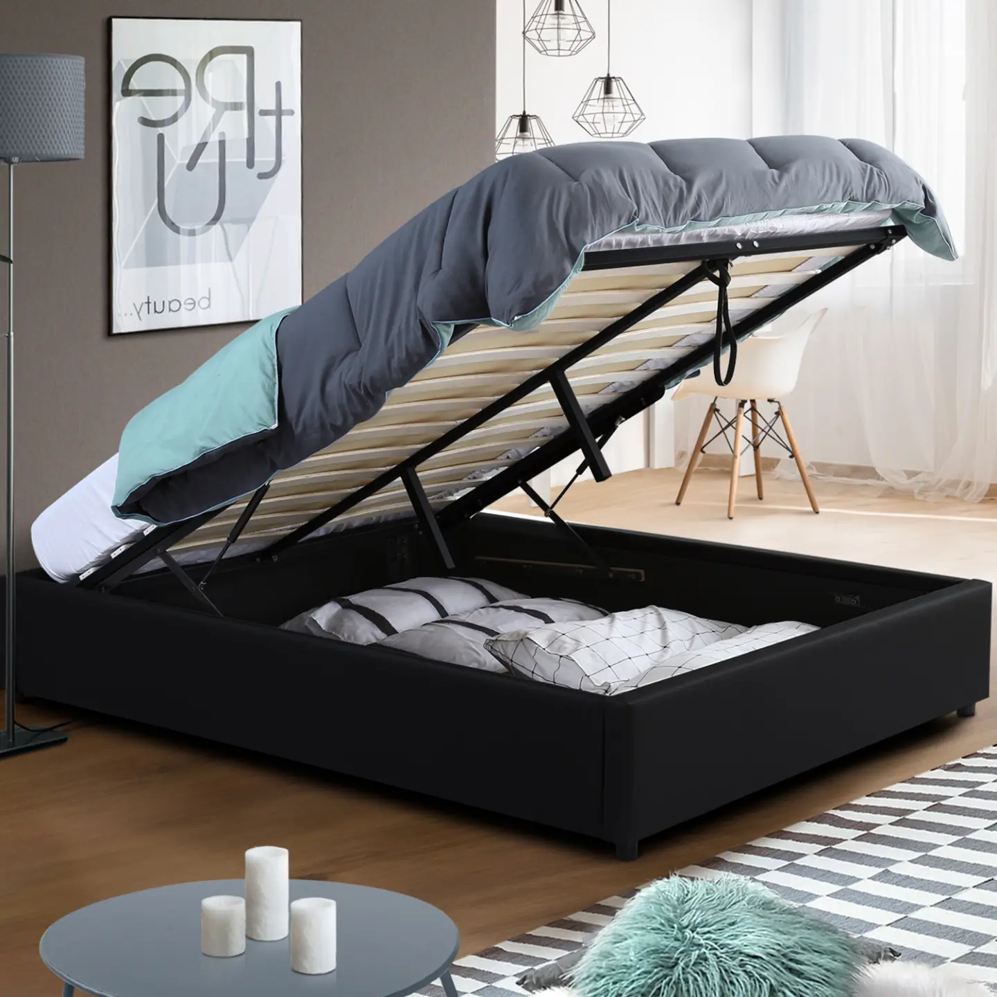 Lit coffre double MIAMI avec sommier 140 x 190 cm PVC noir