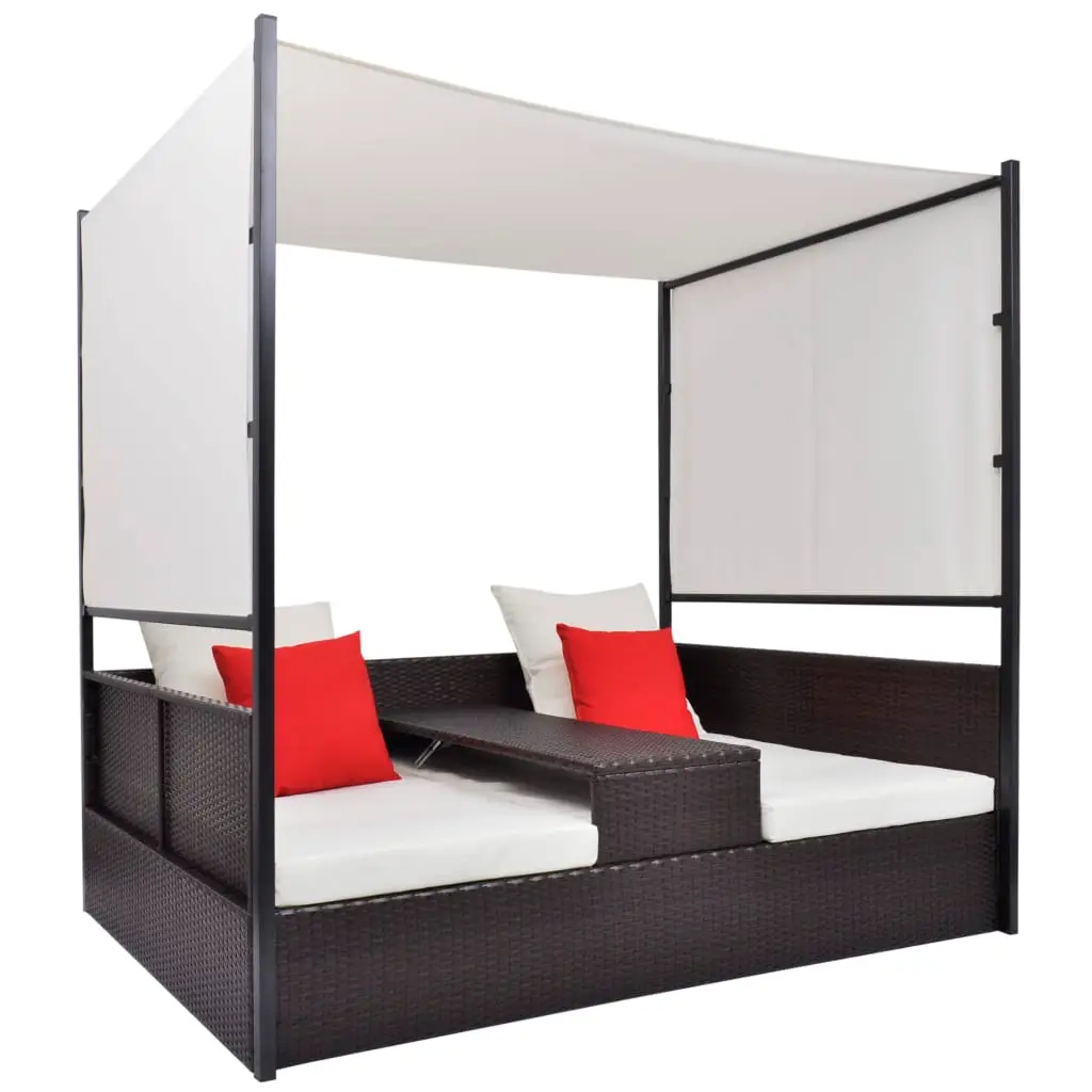 Lit de Repos Extérieur Rotin Synthétique avec Baldaquin Ajustable et Table Amovible pour Duo Détente Marron – ComfortXL Outdoor Living