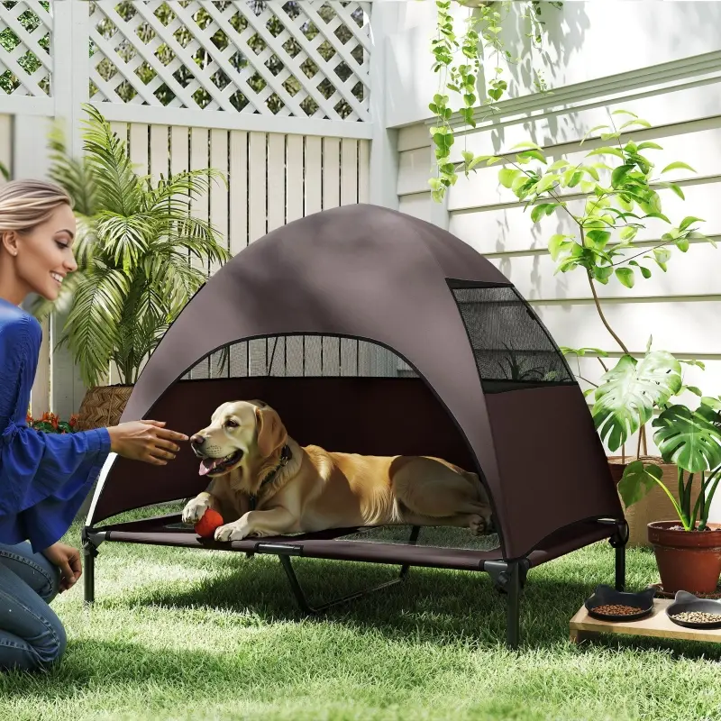Lit Chien Surélevé Toit Amovible Extérieur Tissu Respirant 106x76cm Marron – ComfortXL Pet Living