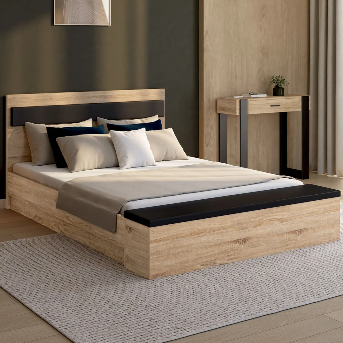 Lit double GAELLE tête de lit + banc coffre et sommier 140 x 190 cm bois et noir