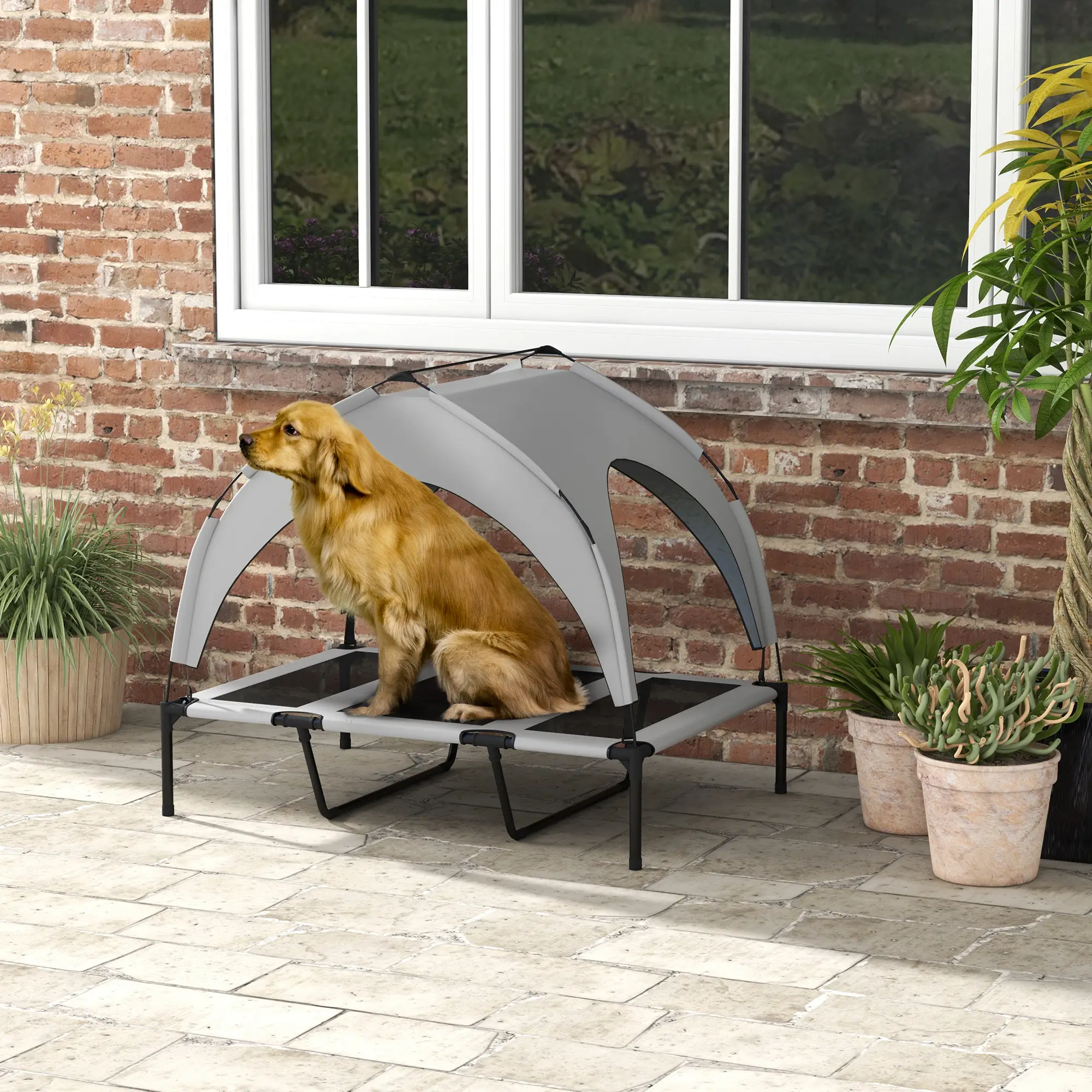 Lit Chien Surélevé Oxford Jardin Avec Auvent Parasoleil 106x76cm Gris – ComfortXL Pet Living