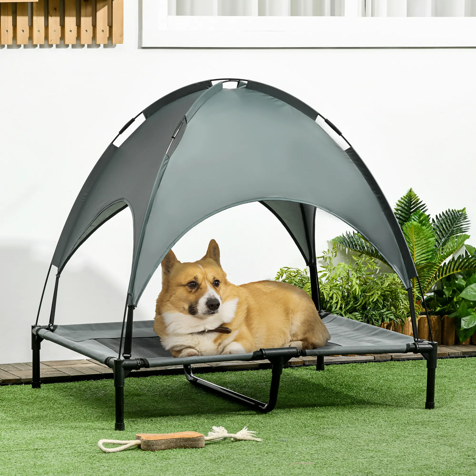 Lit Chien Surélevé Toit Amovible Métal Tissu Respirant Jardin 92x76cm Gris – ComfortXL Pet Living