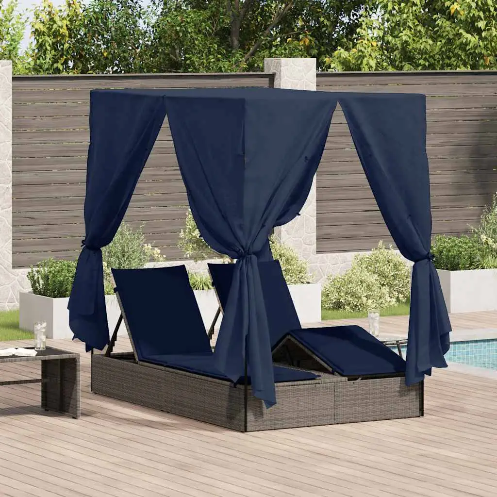 Lit de Détente Pavillon de Jardin Résine Tressée avec Rideaux et Coussins Lavables Gris – ComfortXL Outdoor Living