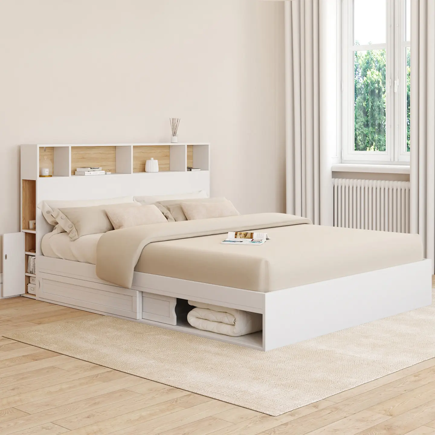 Lit double CLEM avec rangements + tête de lit et sommier 160 x 200 cm blanc et hêtre