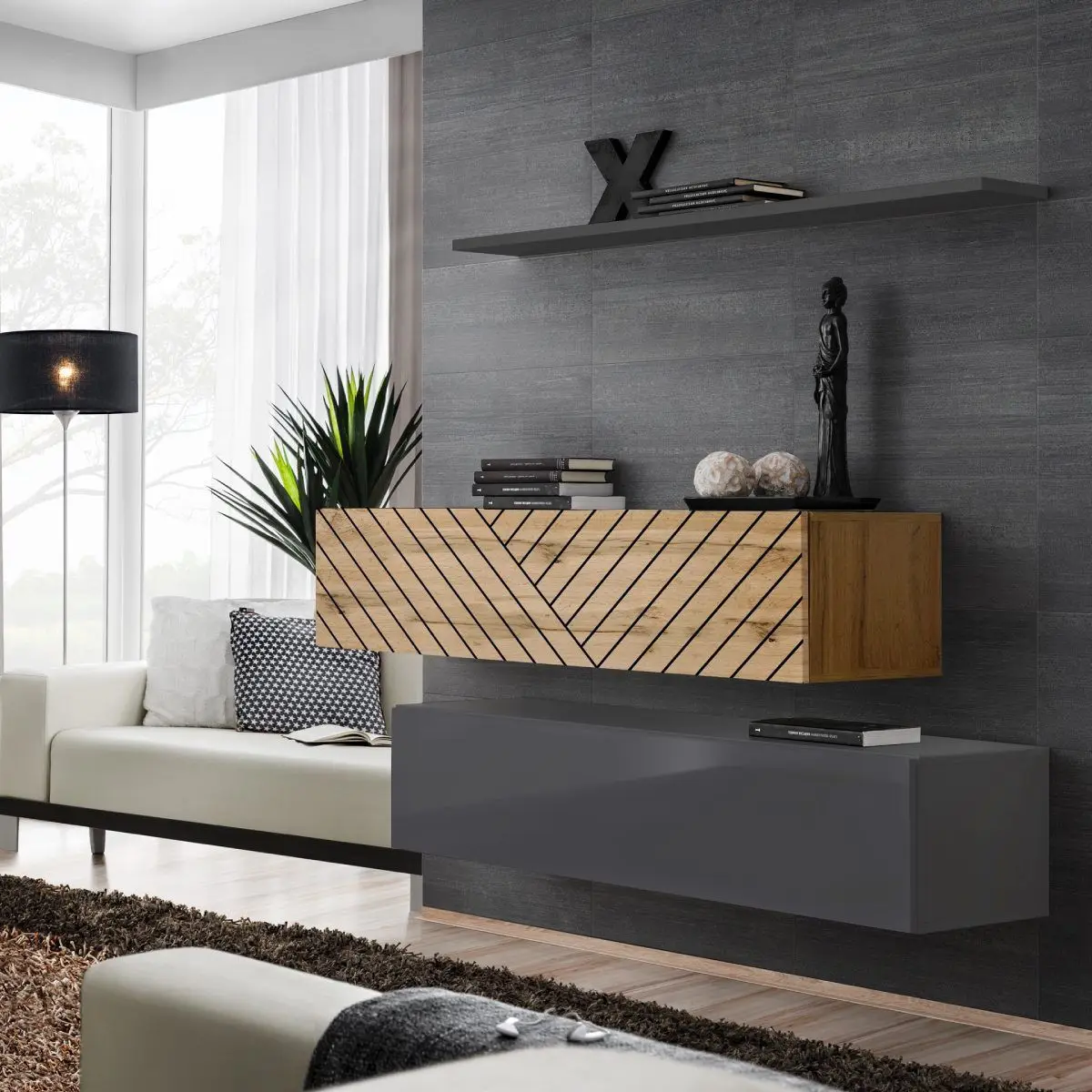 Lot de 2 Bancs Muraux & Étagère «Switch SBII» 130cm Gris & Naturel Rainuré