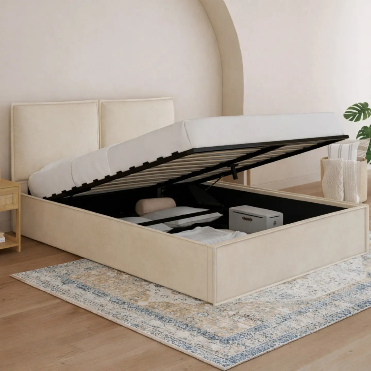 Lit coffre double PILOU avec tête de lit oreiller et sommier 140 x 190 cm velours beige
