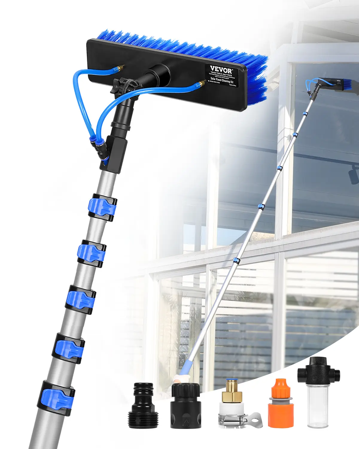 VEVOR Kit perche nettoyage panneaux solaires, extensible 11 m, brosse rotative 180°. Tuyau 20 m.