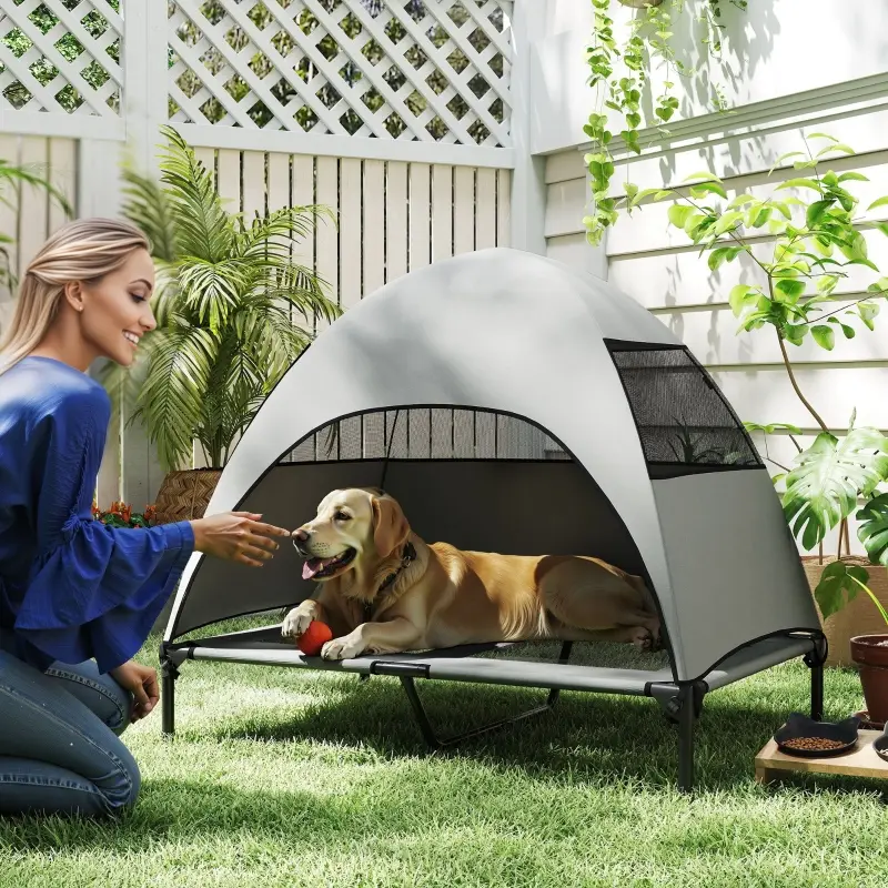 Lit Chien Surélevé Acier Extérieur Toit Amovible 106x76cm Gris – ComfortXL Pet Living