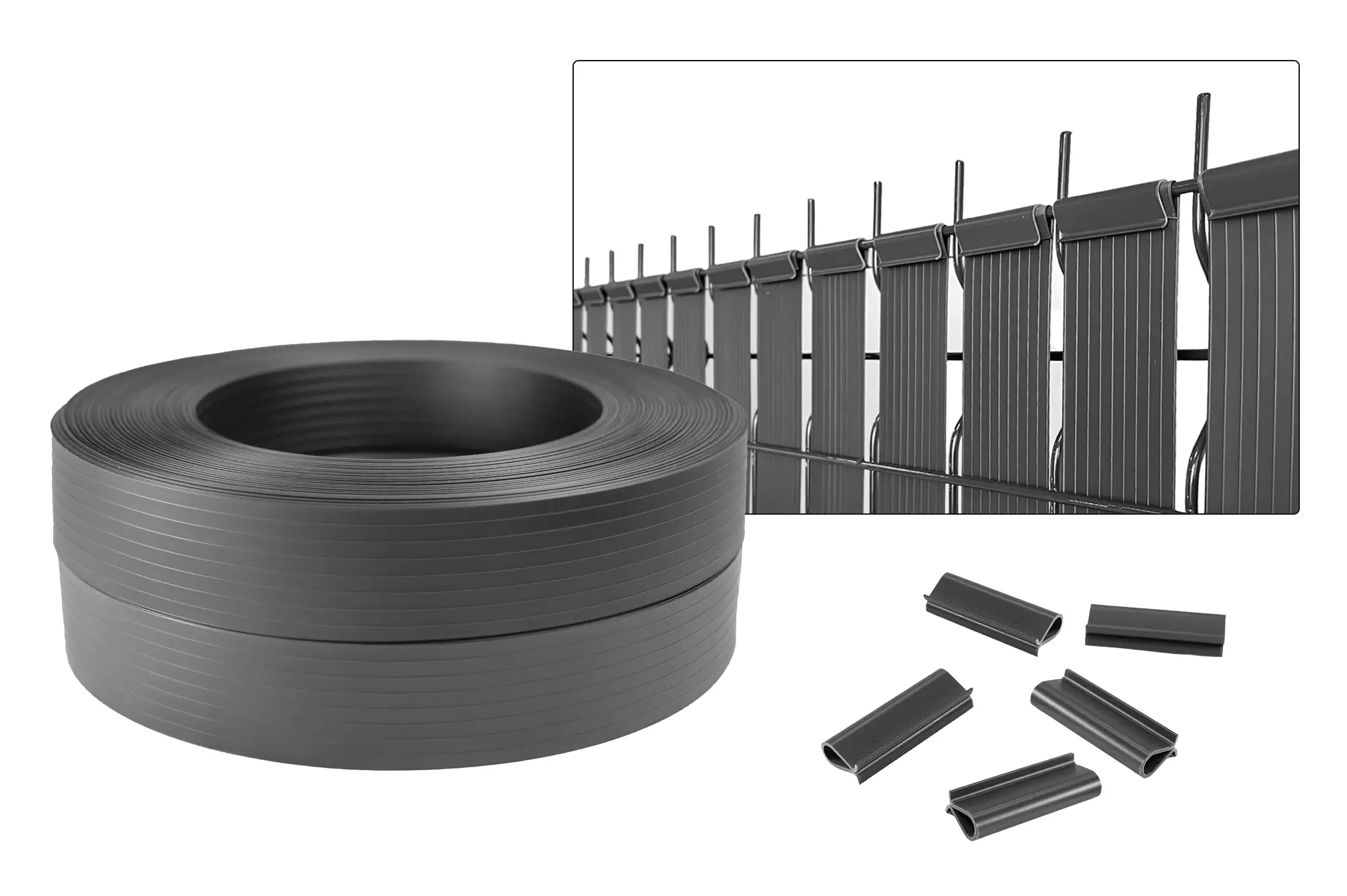 Casanoov Lamelles occultantes BALDO 200mX46 mm rouleau PVC Gris – Kit complet fixation avec clips et profil de finition
