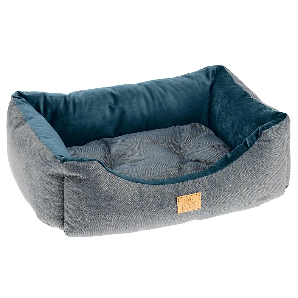 Lit Chiens Couchage CHESTER 80, avec Coussin Double-face, Tweed et Velours, Lavable, Bleu