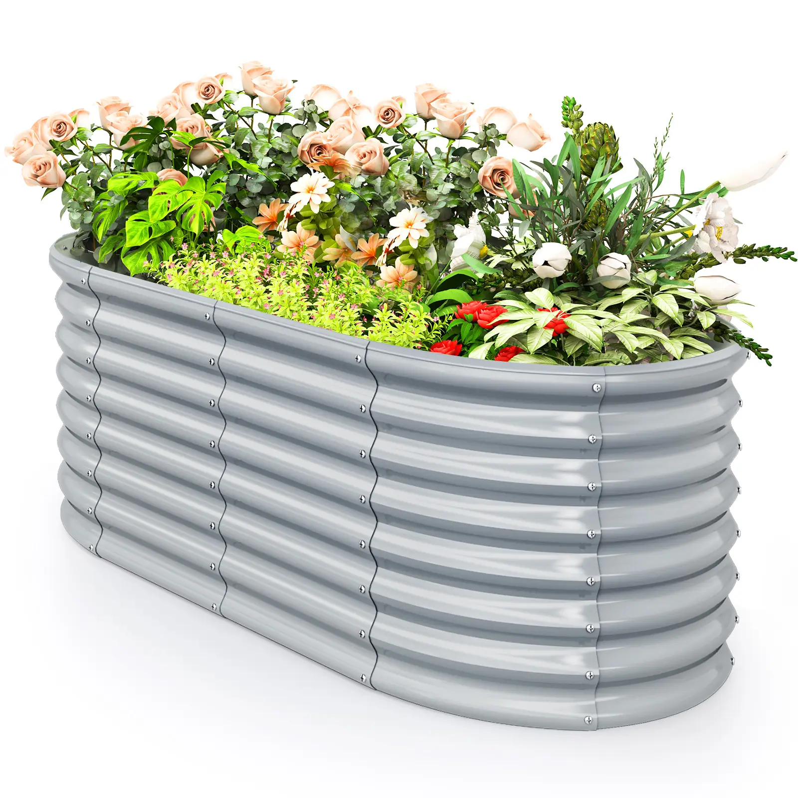 Lit de Jardin Surélevé H60 cm à Fond Ouvert, Jardinière Surélevée Ovale en Métal avec Bords Arrondis Sécurisés, 165 x 80 x 60 cm, Gris
