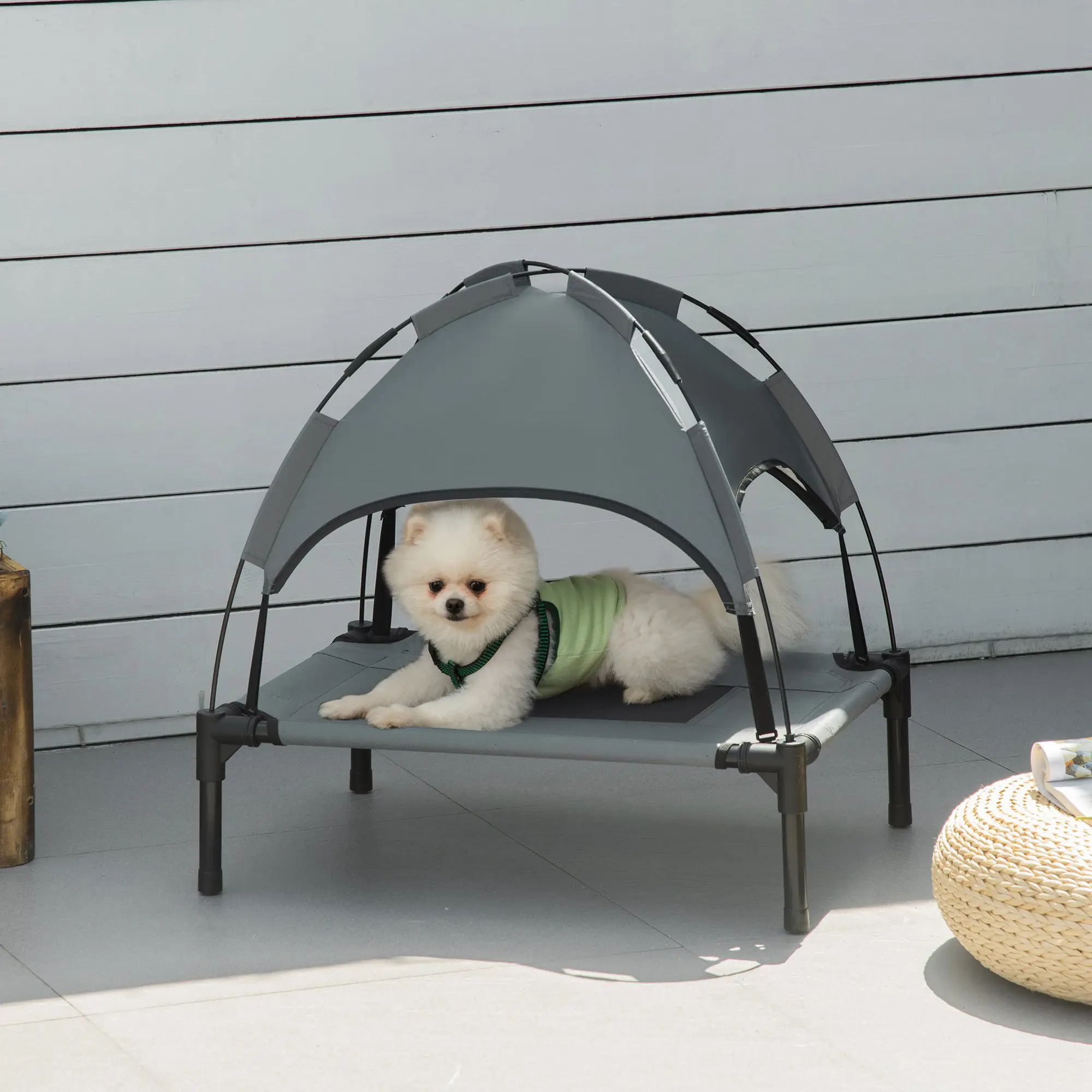 Lit Chien Surélevé avec Toit Métal Oxford Extérieur Ombragé 61x46x62cm Gris – ComfortXL Pet Living