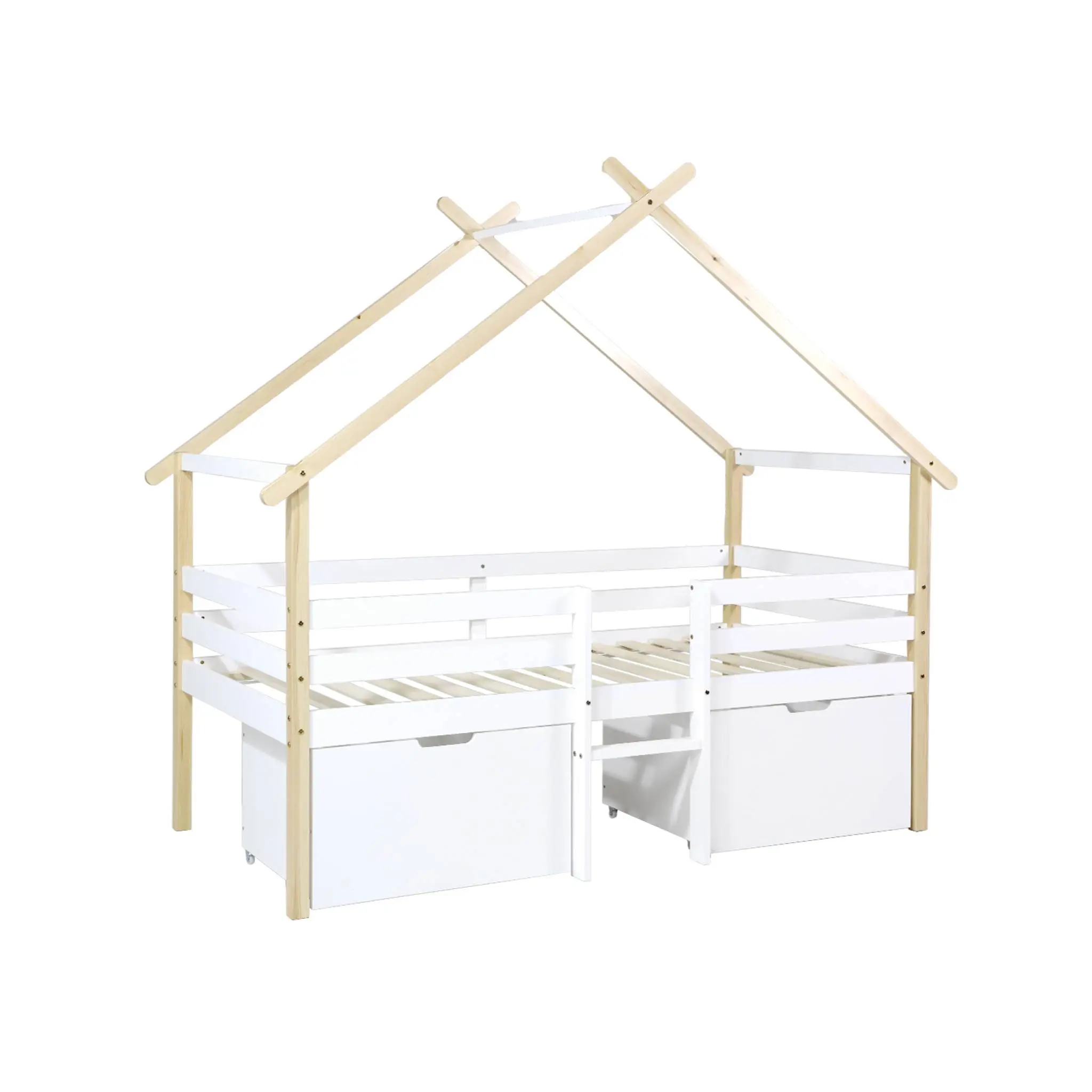 Lit cabane enfant 90 x 190 cm bois de pin blanc sommier à lattes inclus et 2 tiroirs – Sienna | sweeek