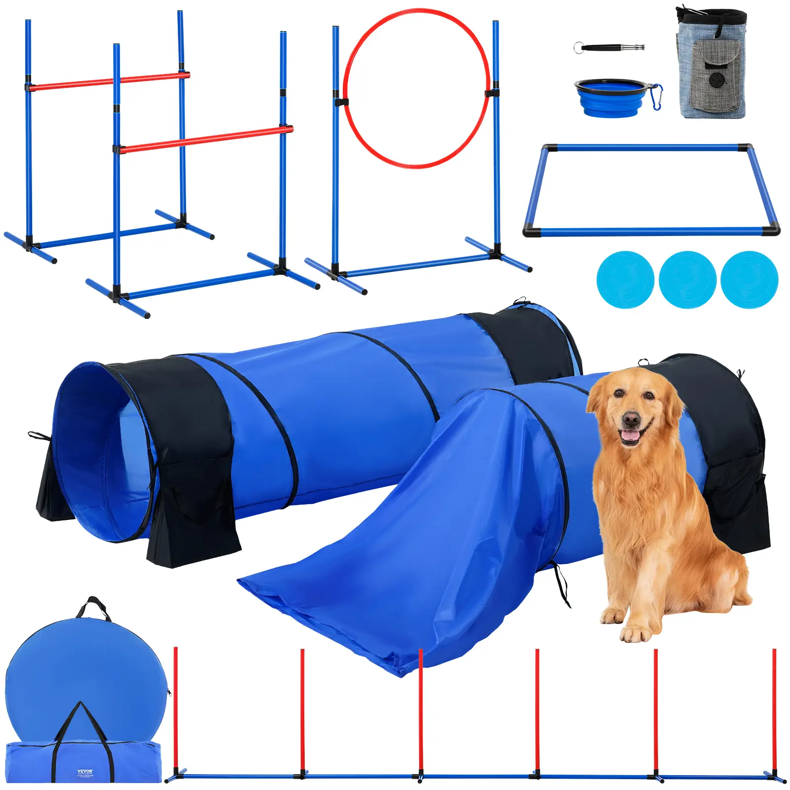 VEVOR Kit équipements agilité chien, 7 pièces. Haies, tunnels, anneau saut.