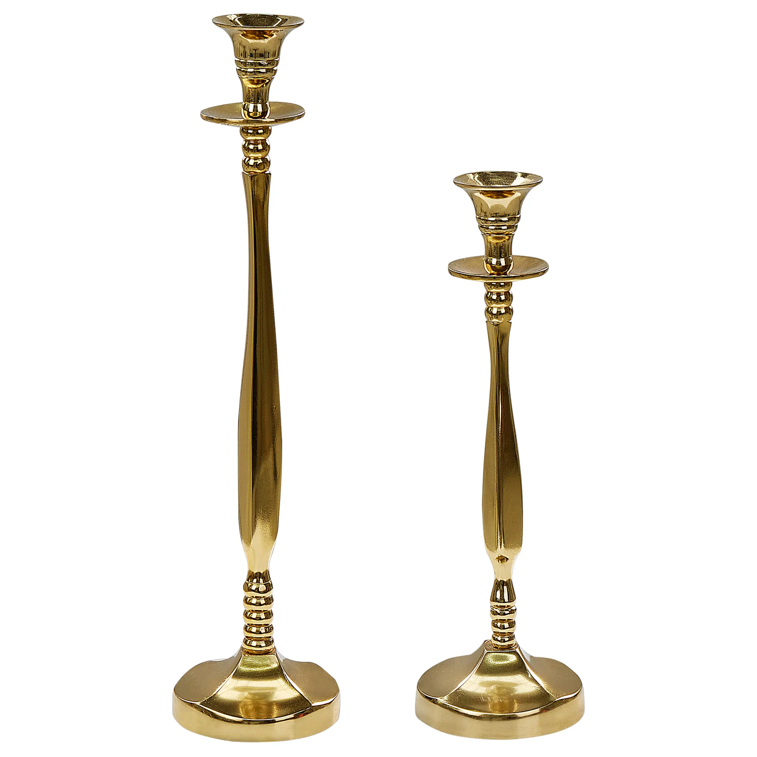 Lot de 2 Bougeoirs en Finition Brillante Aluminium Doré 31/36 cm Robuste Léger Bougies Parfaites pour la Chambre et le Salon Eclairage Doux