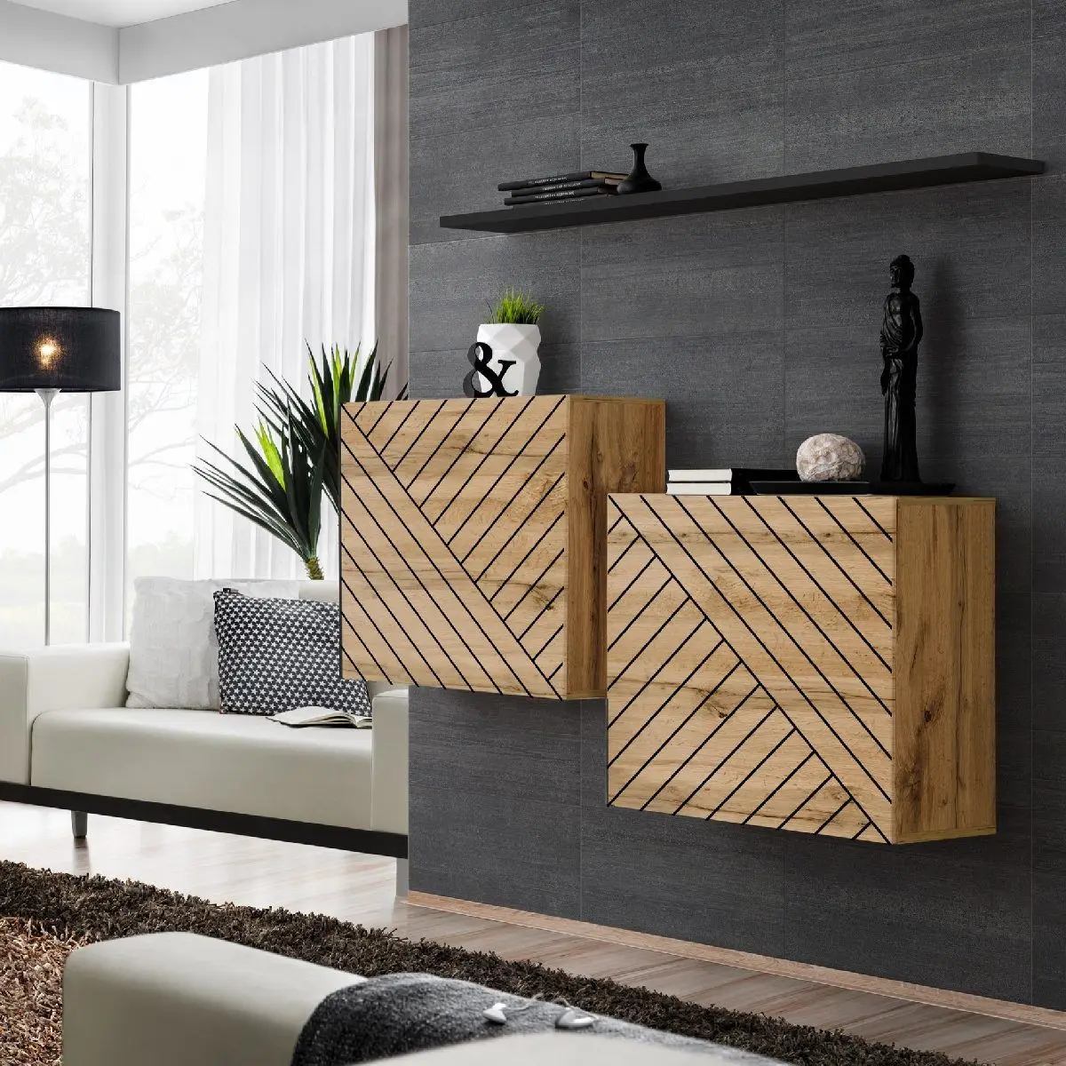 Lot de 2 Blocs & Étagère «Switch SBI» 130cm Naturel Rainuré & Noir