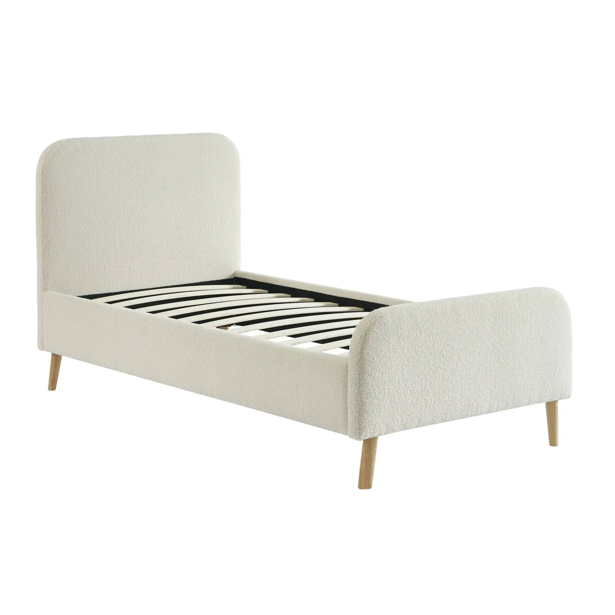 Lit avec sommier à lattes et tête de lit rembourrée 1 place bouclette crème 90 x 190 cm – Finn | sweeek
