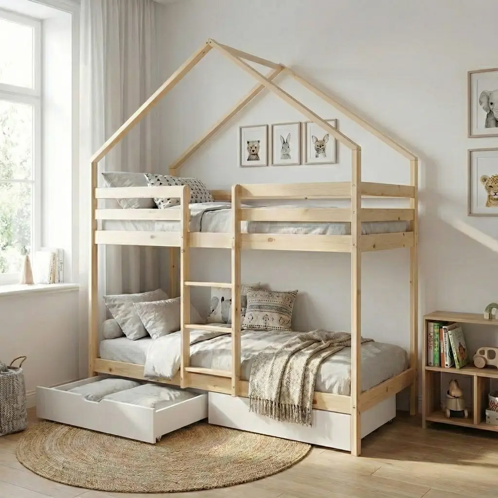 Lit enfant superposé cabane 90 x 190 cm pin naturel sommier à lattes et tiroirs blanc – Roya | sweeek