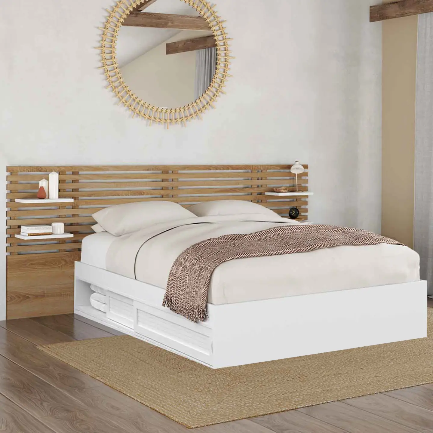 Lit double SAVANA avec tête de lit, chevets, rangements et sommier 140 x 190 cm blanc et façon hêtre