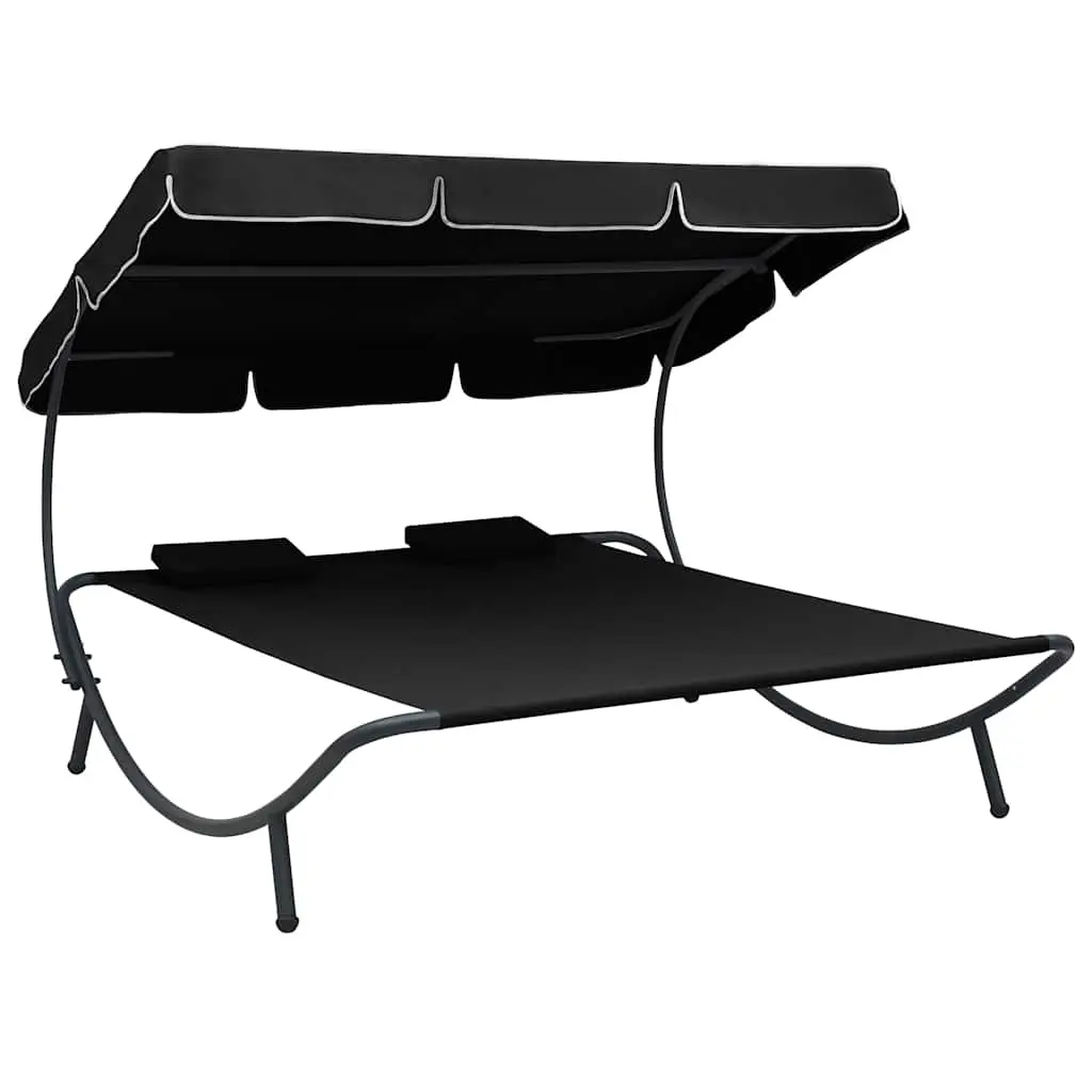 Lit de repos d’extérieur avec auvent et oreillers Noir vidaXL 313521