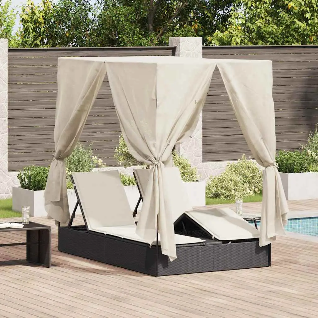 Lit à Baldaquin Double Résine Tressée avec 8 Rideaux Latéraux et Dossiers Réglables Luxe Noir – ComfortXL Outdoor Living
