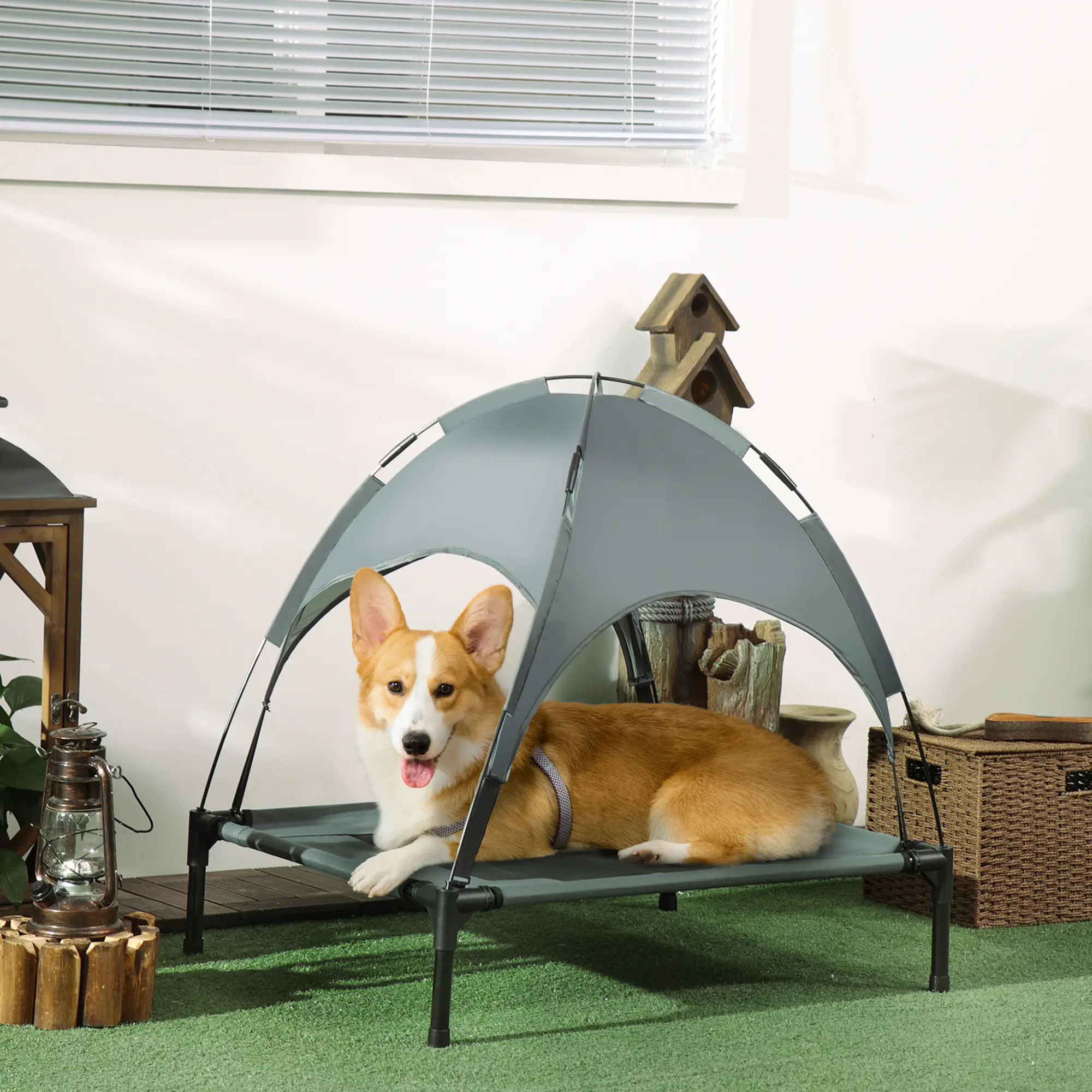 Lit Chien Surélevé Métal Extérieur Toit Pare-soleil Amovible Aéré Gris 76x61cm – ComfortXL Pet Living