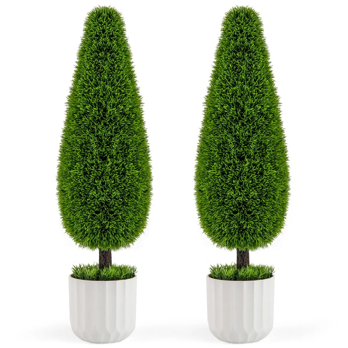 Lot de 2 Arbres Arbustes de Cèdre Artificiel 90cm en Forme de Larme Fausse Plante Topiaire en Pot en Plastique avec Ciment Fausses Vert