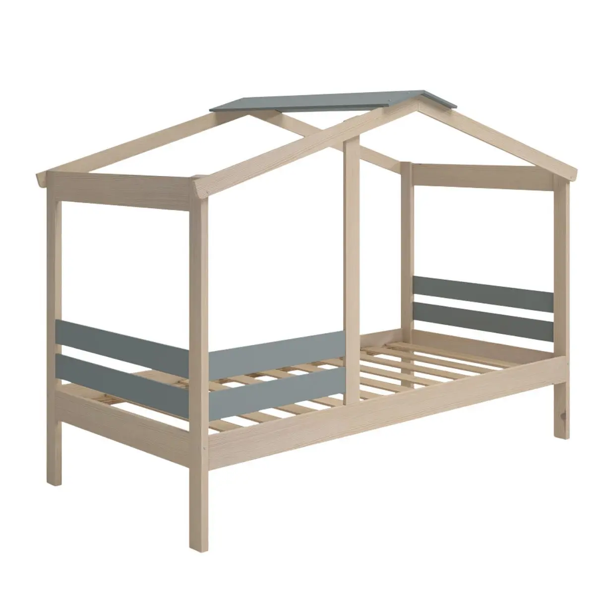 Lit cabane 90×190 avec barrière en pin massif naturel et MDF laqué vert kaki – MESSA