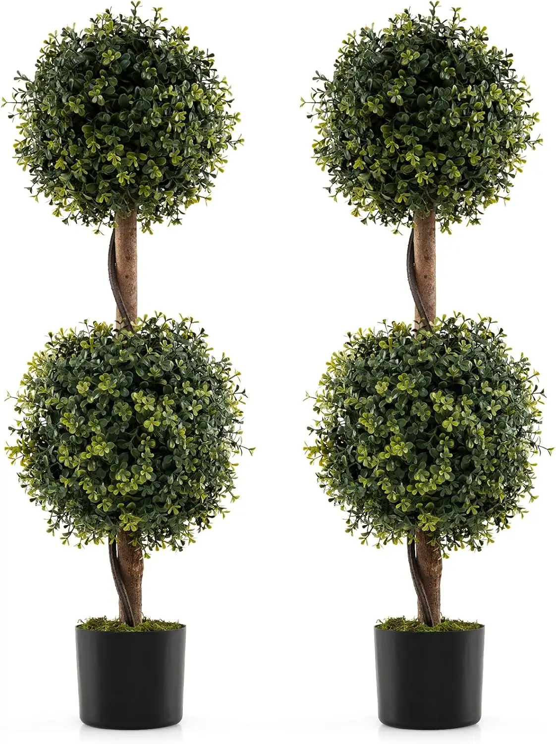 Lot de 2 Arbres Artificiels Topiaire 90 cm avec Double Boule, Fausse Plante en Pot Rempli de Ciment avec Mousse Naturelle, Décoration Interieur/Exteri