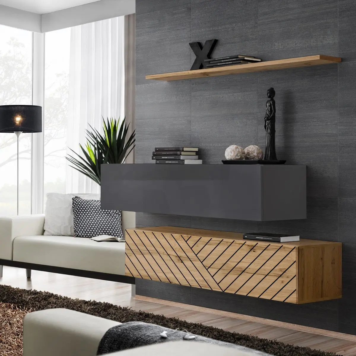 Lot de 2 Bancs Muraux & Étagère «Switch SBII» 130cm Naturel Rainuré & Gris