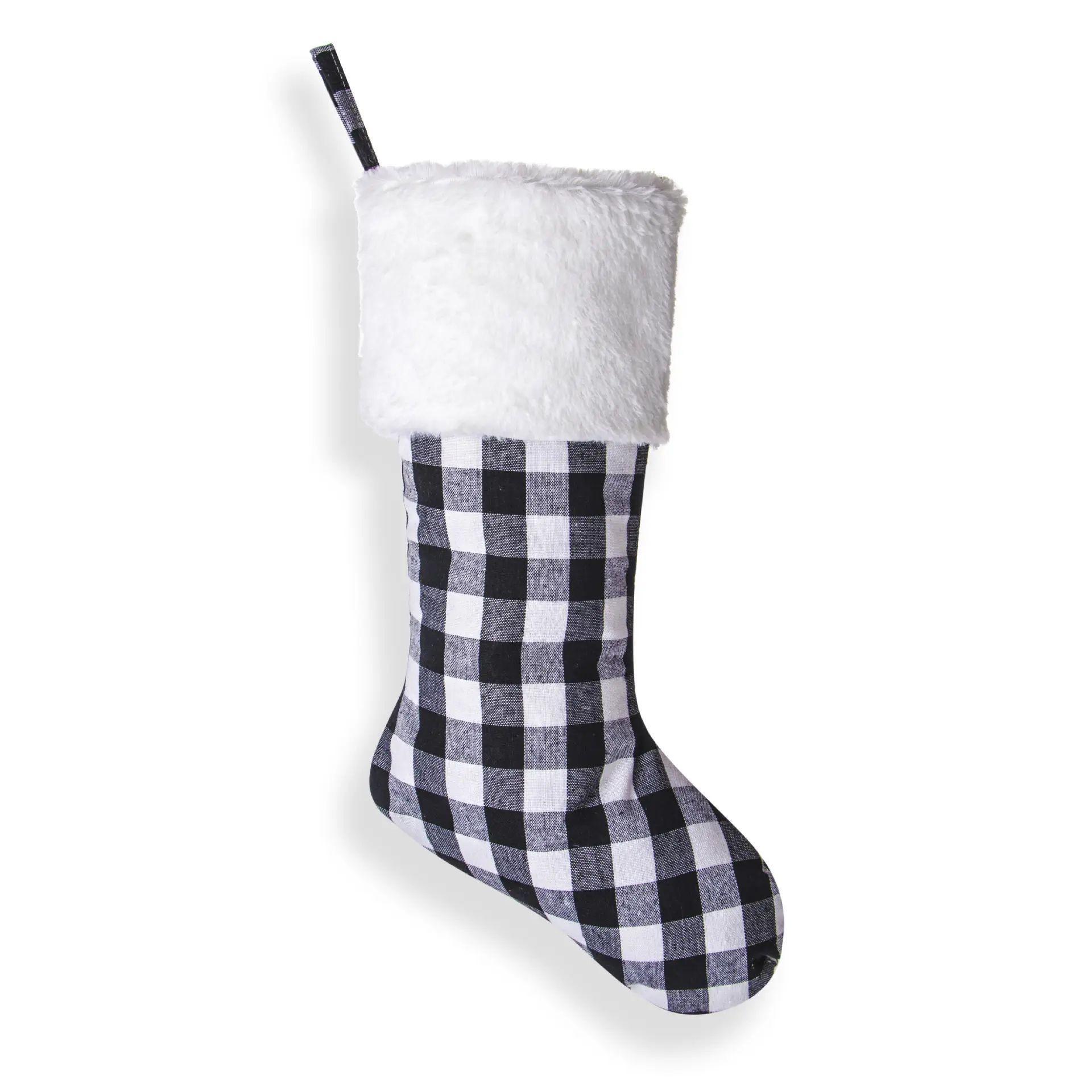 Lot de 2 bas de Noël à suspendre pour cheminée, 46 cm, en fourrure, à carreaux, décoration de Noël (blanc et noir)