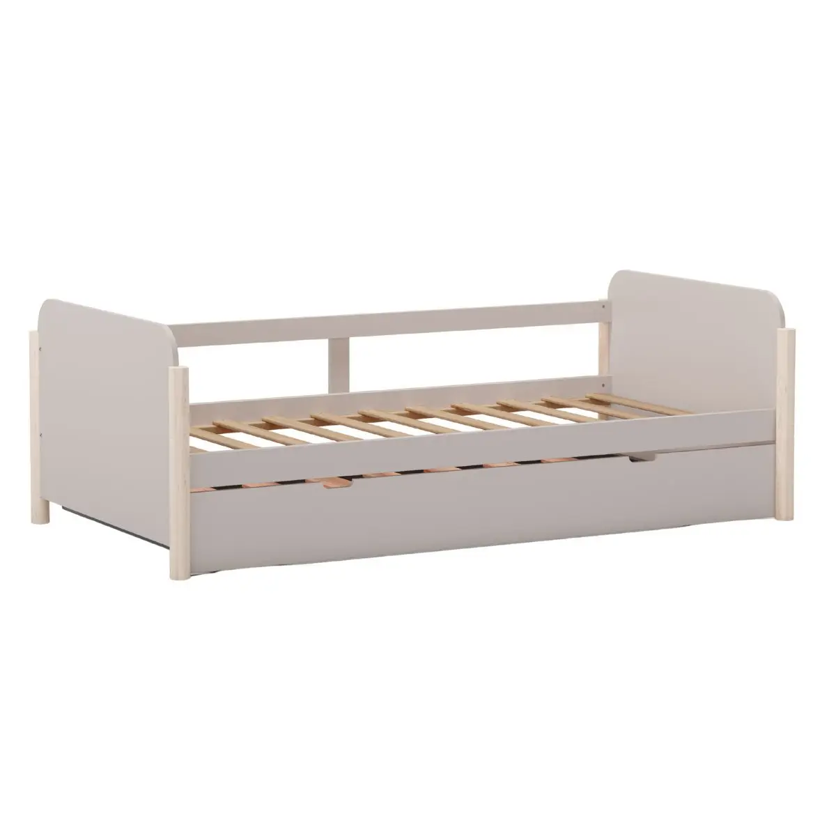 Lit gigogne 90×190 en MDF et pin massif laqué crème pieds en pin naturel – ENORA