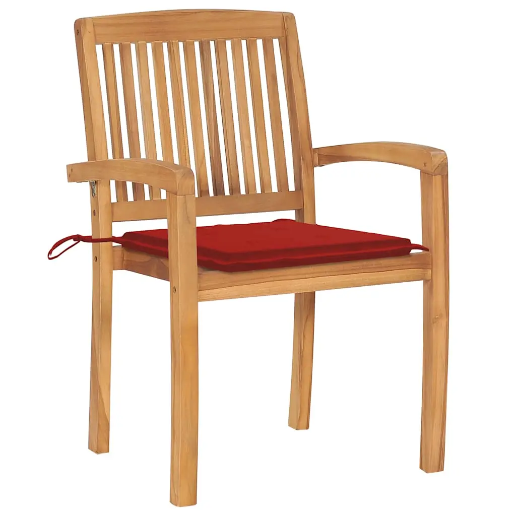 Lot de 2 Chaises de jardin | Chaise d’extérieur et coussins rouge Bois teck massif