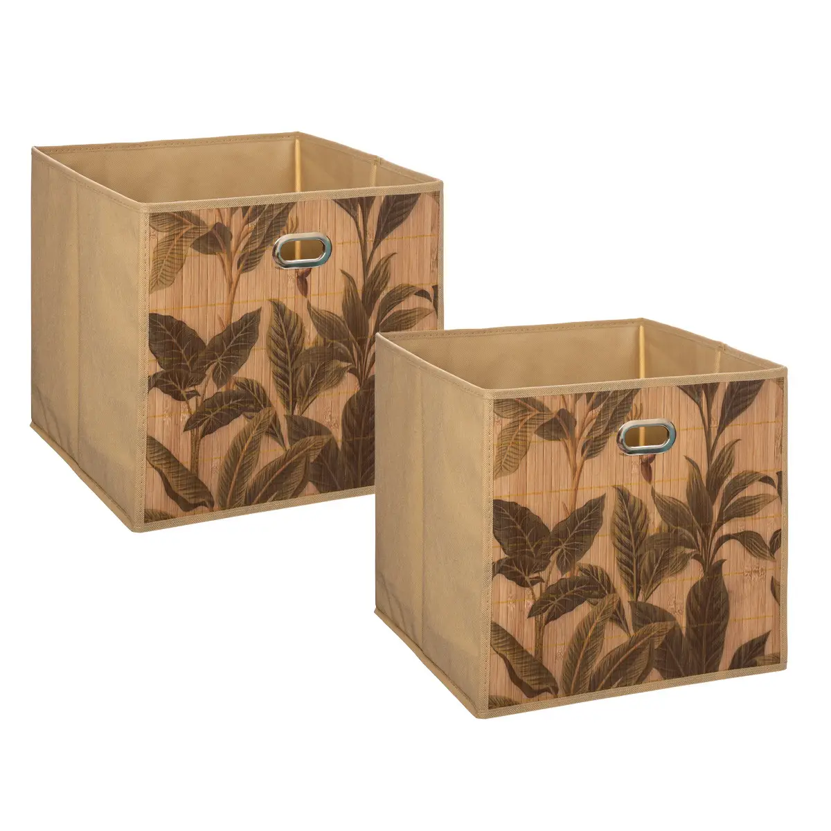 Lot de 2 Boîtes de rangement Bambou Naturel motif Vert 31 x 31 cm