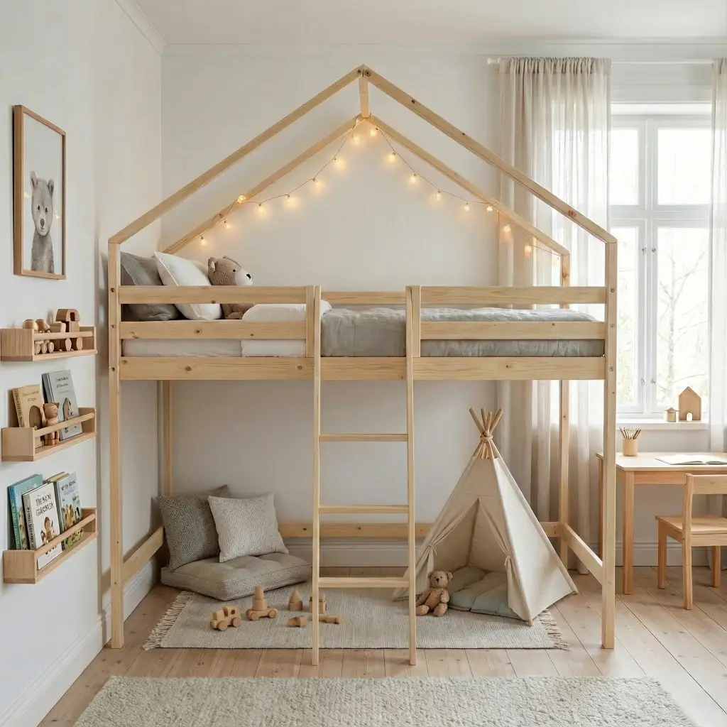 Lit enfant mezzanine cabane 90 x 190 cm pin naturel sommier à lattes inclus – Roya | sweeek