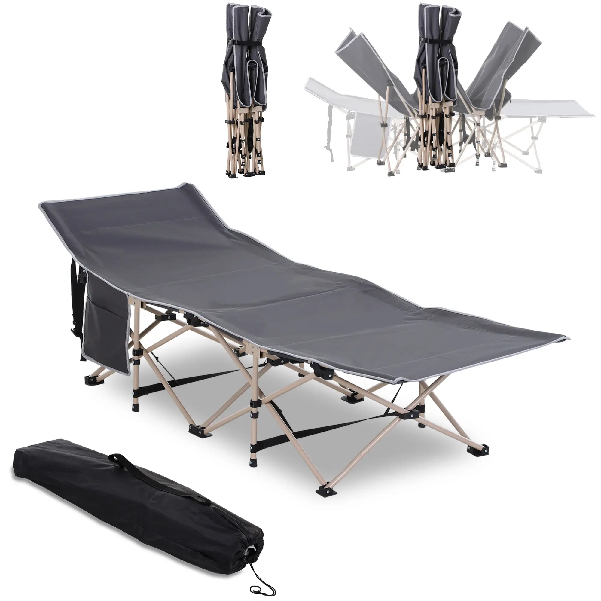 Lit de camping pliable acier polyester gris 190 x 68 x 52 cm – PANGIVO