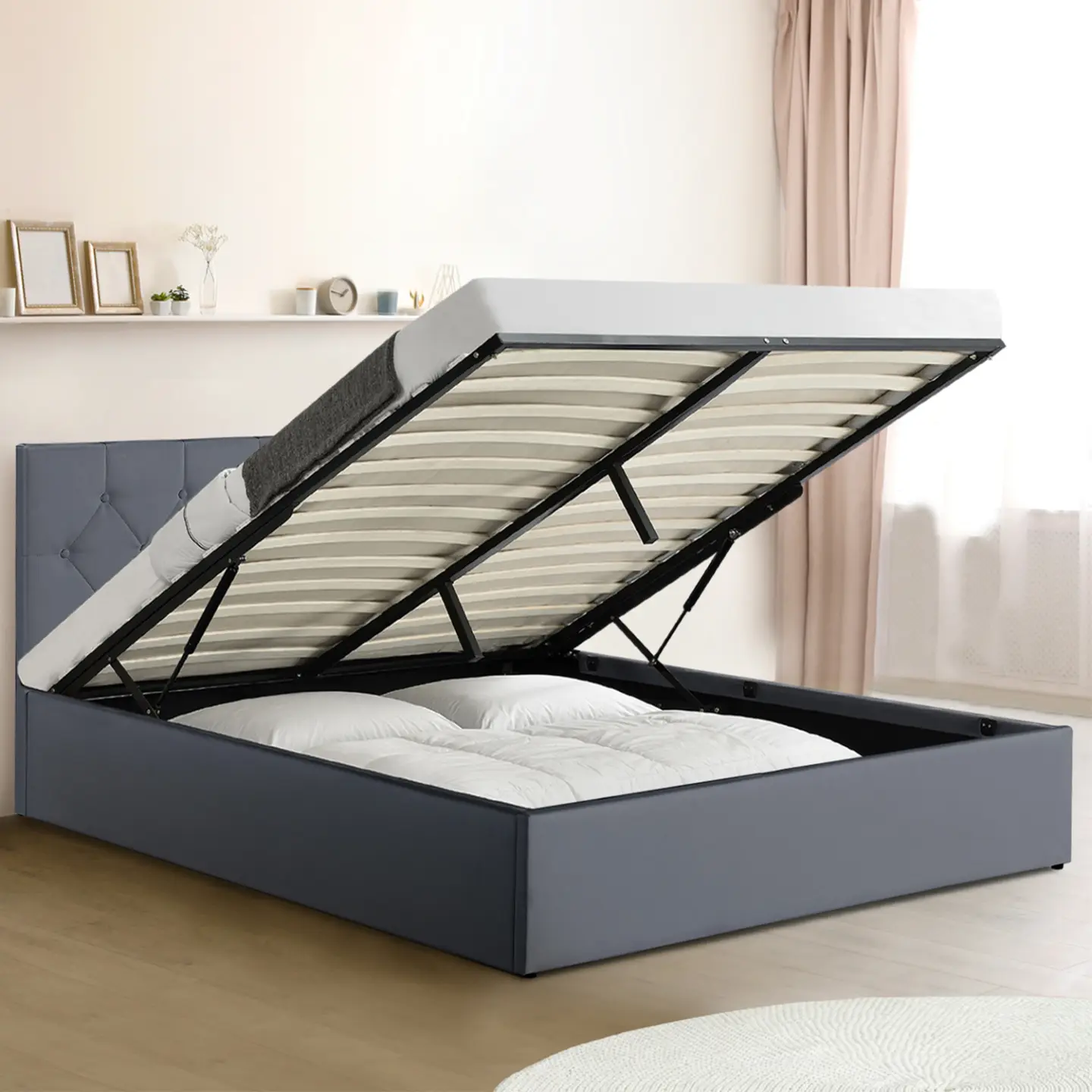 Lit coffre double AUSTIN avec tête de lit et sommier 160 x 200 cm PVC gris