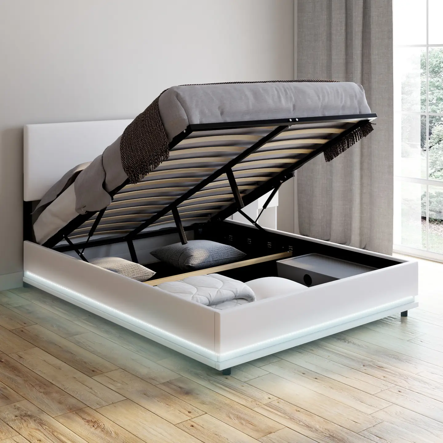 Lit coffre double OWEN avec LED intégrées + tête de lit et sommier 140 x 190 cm PVC blanc