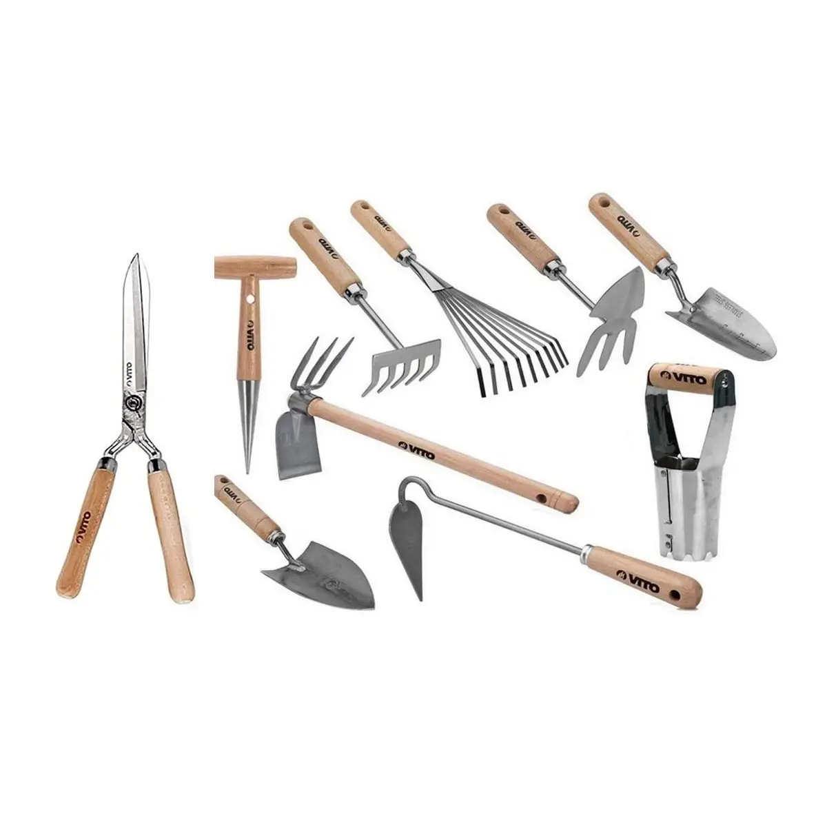 Kit 10 outils de jardin Manche bois Inox et Fer forgés à la main Haute qualité VITO