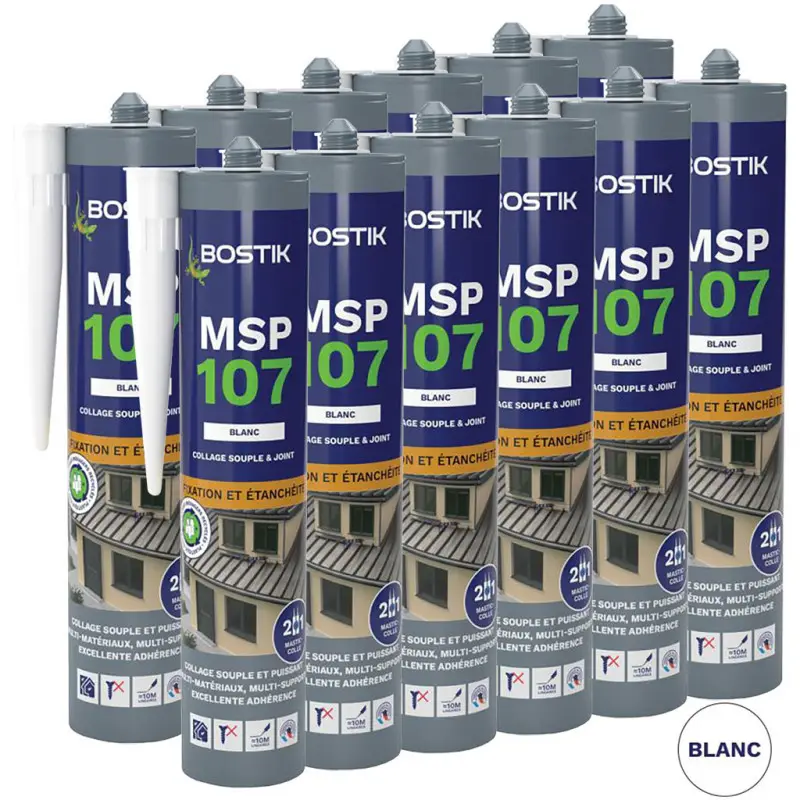 Lot de 12 Mastics multi-usages colle et joint MSP 107 290ml (Blanc, Gris, Brun ou Noir) BOSTIK – Couleur: Blanc