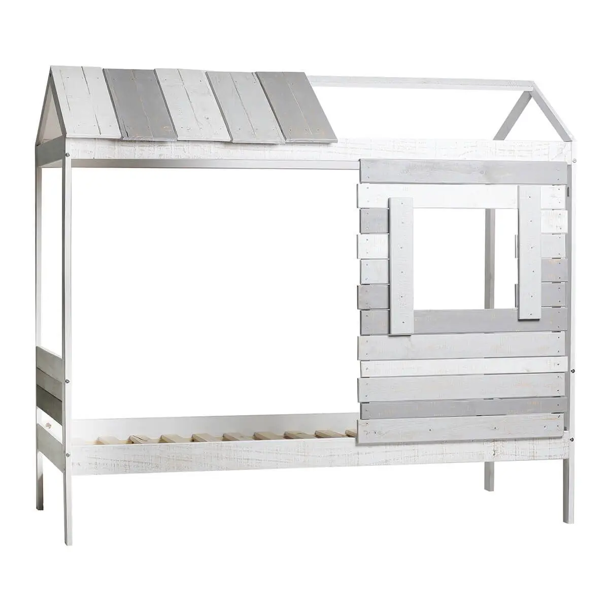 Lit Cabane 90 x200 cm Bois Aspect Vieilli Blanc et Grisé – ROSALIA