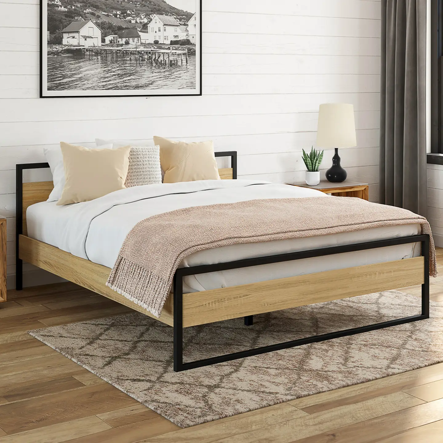 Lit double industriel DETROIT avec tête de lit et sommier 140 x 190 cm bois et métal noir