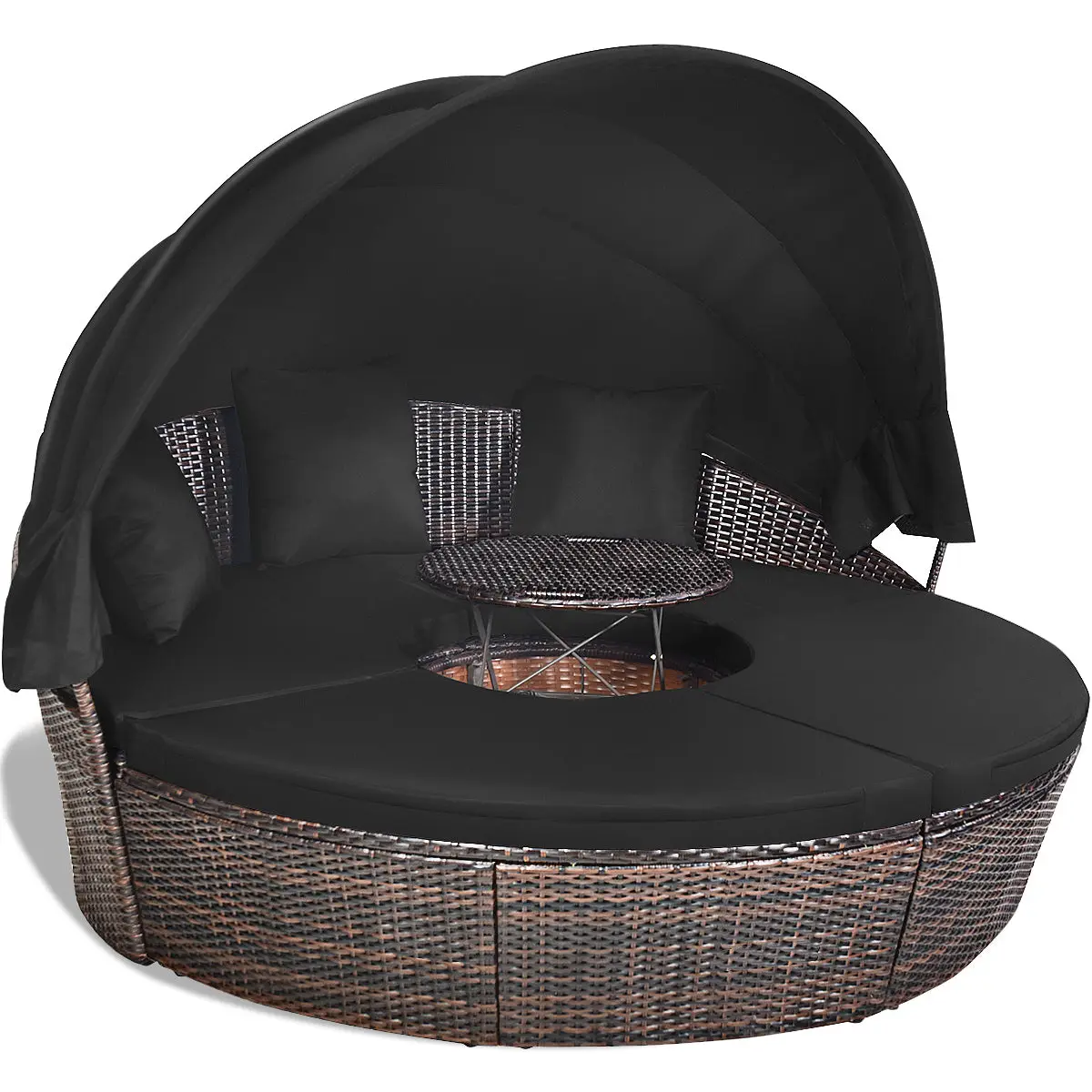 Lit de jardin rond d’exterieur table relevable modulable et convertible – pare soleil réglable rotin pe coussins inclus noir