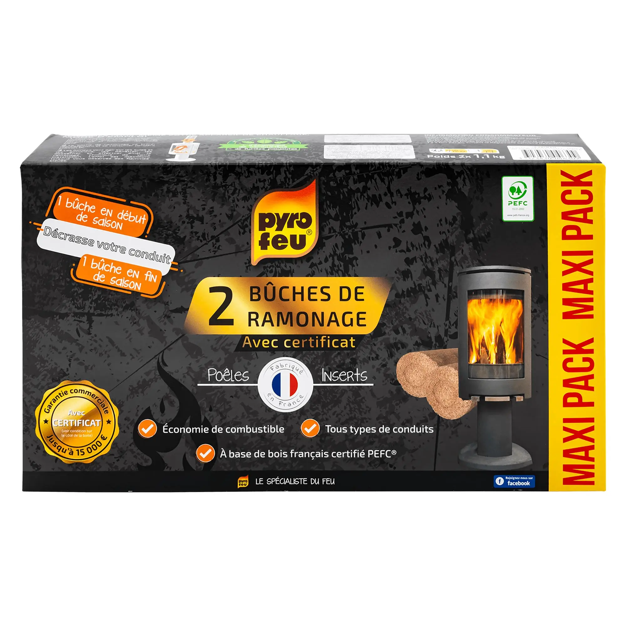 Lot de 2 bûches de ramonage Pyrofeu pour insert avec Certificat