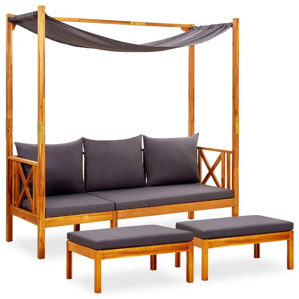 Lit de Repos Jardin avec Auvent Bois Acacia Coussins Gris Foncé – ComfortXL Outdoor Living