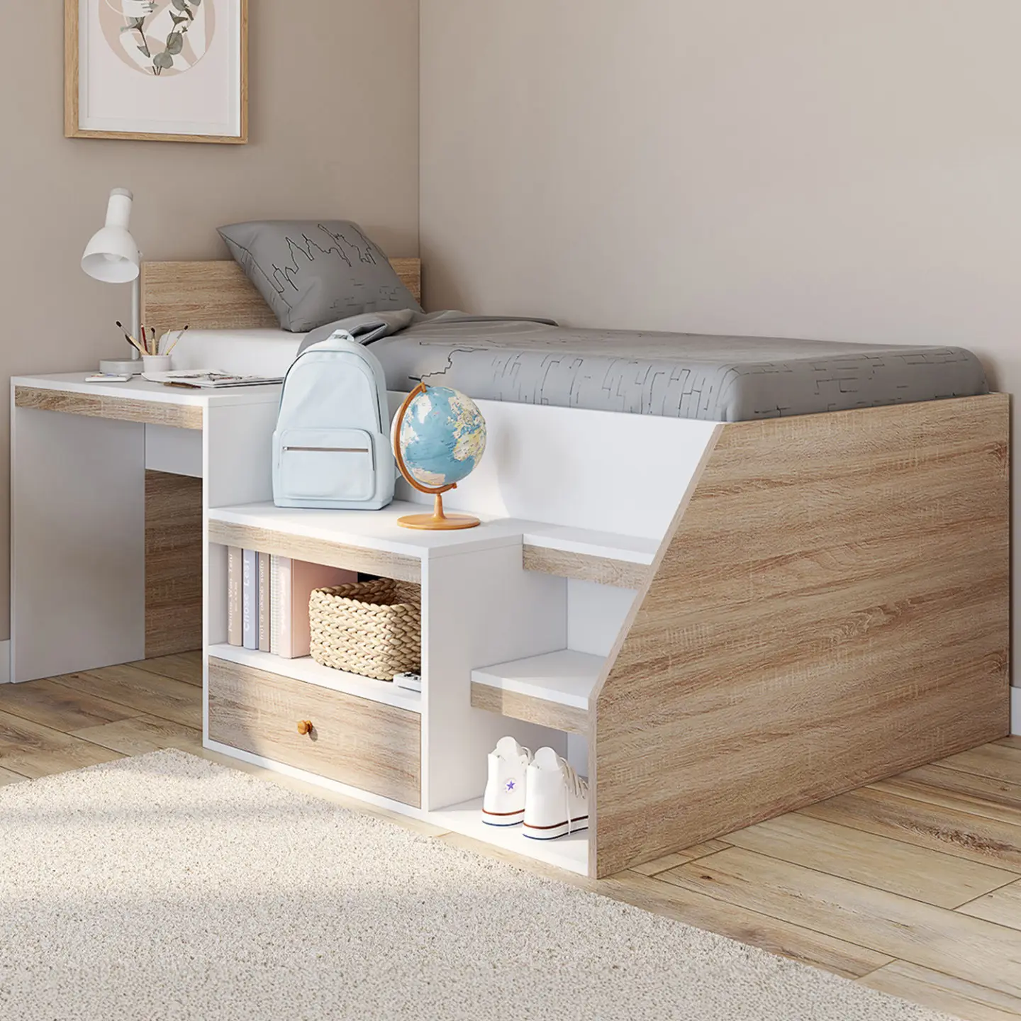 Lit combiné avec sommier, bureau et rangement LEOPOLD 90 x 190 cm hêtre et blanc