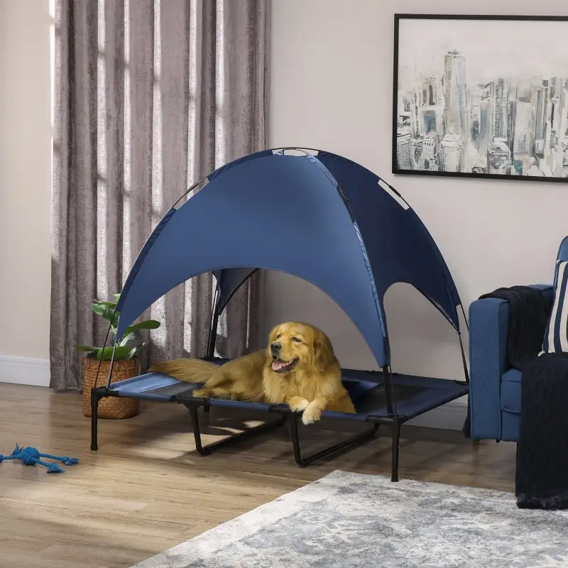 Lit Chien Extérieur Métal Oxford Jardin avec Toit Parasol Pliable 122x92cm Bleu – ComfortXL Pet Living