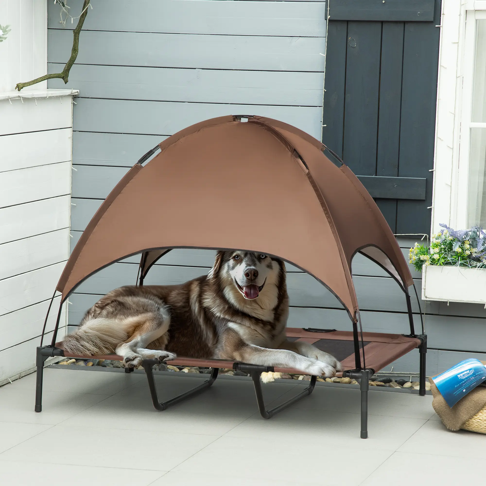 Lit Chien Surélevé Métal Extérieur Pare-soleil 122x92cm Marron – ComfortXL Pet Living